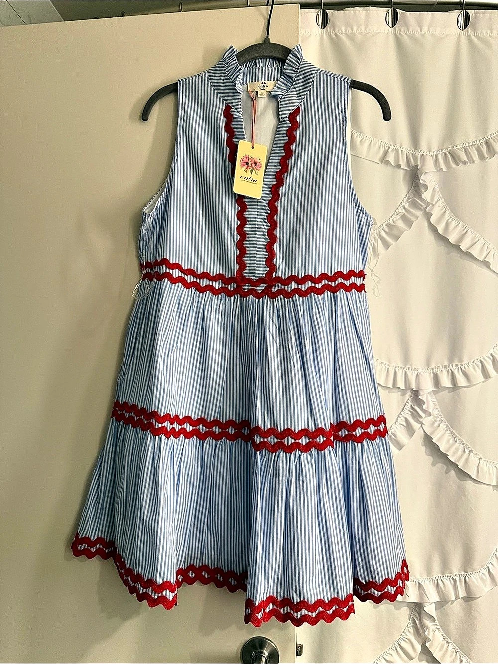 Entro Blue and White Striped Mini Dress with Red Trim Blue & White Striped Dress